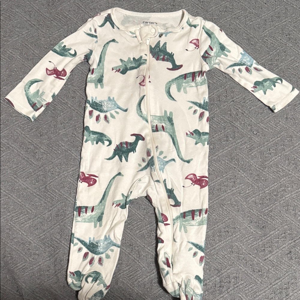 Carter's Cream Footed One-Piece with Green and Maroon Dinosaur Print